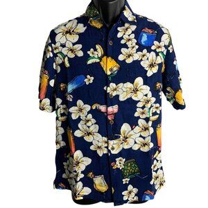 Caribbean Button Up Camp Shirt S Blue Hawaiian Floral Drinks Pocket Short Sleeve